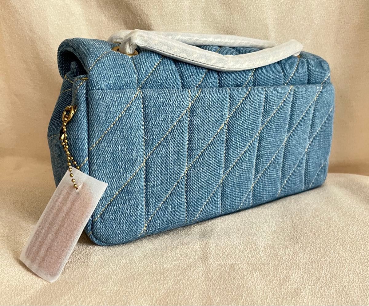 COACH Tabby Shoulder Bag Quilted Denim Leather Chain Strap 2-Way Blue 14x26x8cm