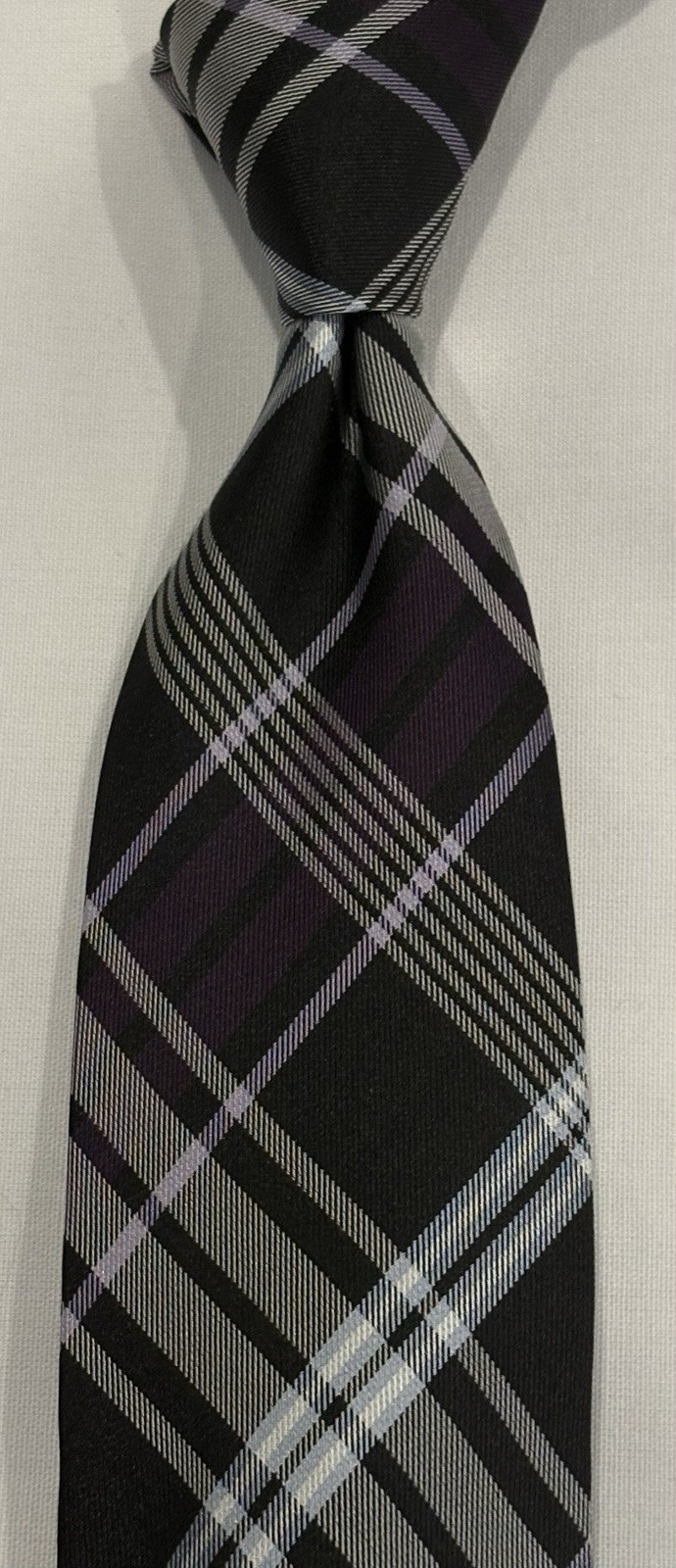 SAKS FIFTH AVE ALL SILK BLACK PURPLE WHITE LARGE PLAID NEW WITH TAGS NECKTIE
