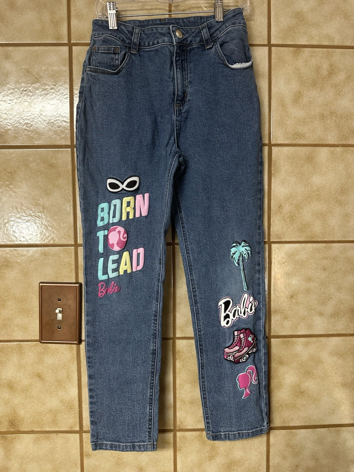 Barbie Big Girls Denim Jeans Size 12 Embellished Decal Patches Schoolcore Play