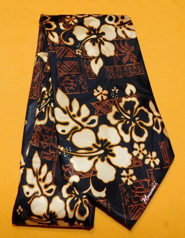 TROPICAL HAWAII BLACK/BROWN/YELLOW FLORAL ALL POLYESTER TIE – DESIGNER TIES.
