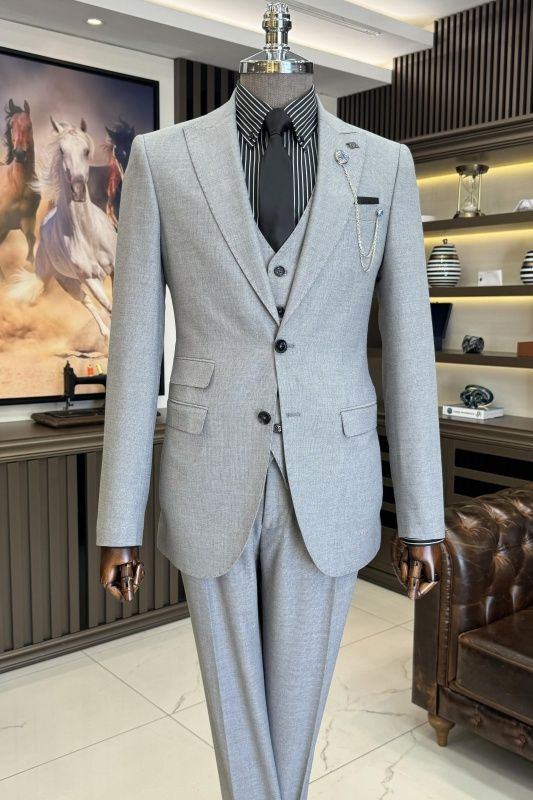 3Pcs Grey Men Suits Peak Lapel Formal Business Tuxedos Wedding Groom Prom Blazer
