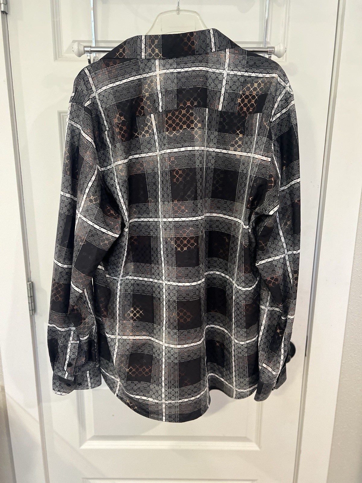 Platini Men’s 2XL Check Button-Up Shirt Long Sleeve Stretch Black White Gold