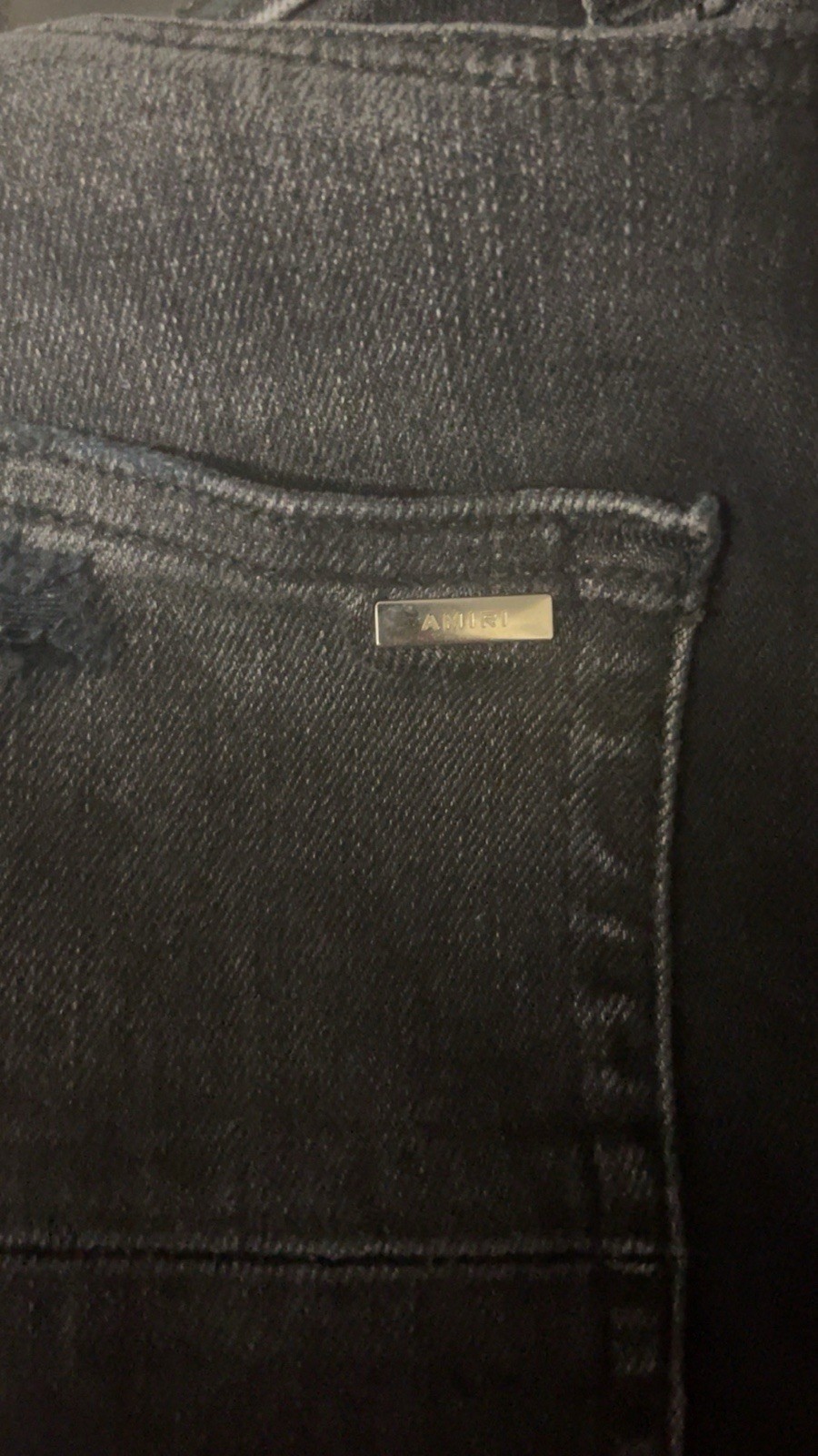 AMIRI Men’s Black Distressed THRASHER Skinny Denim Jeans Dark Wash Logo 5-Pocket