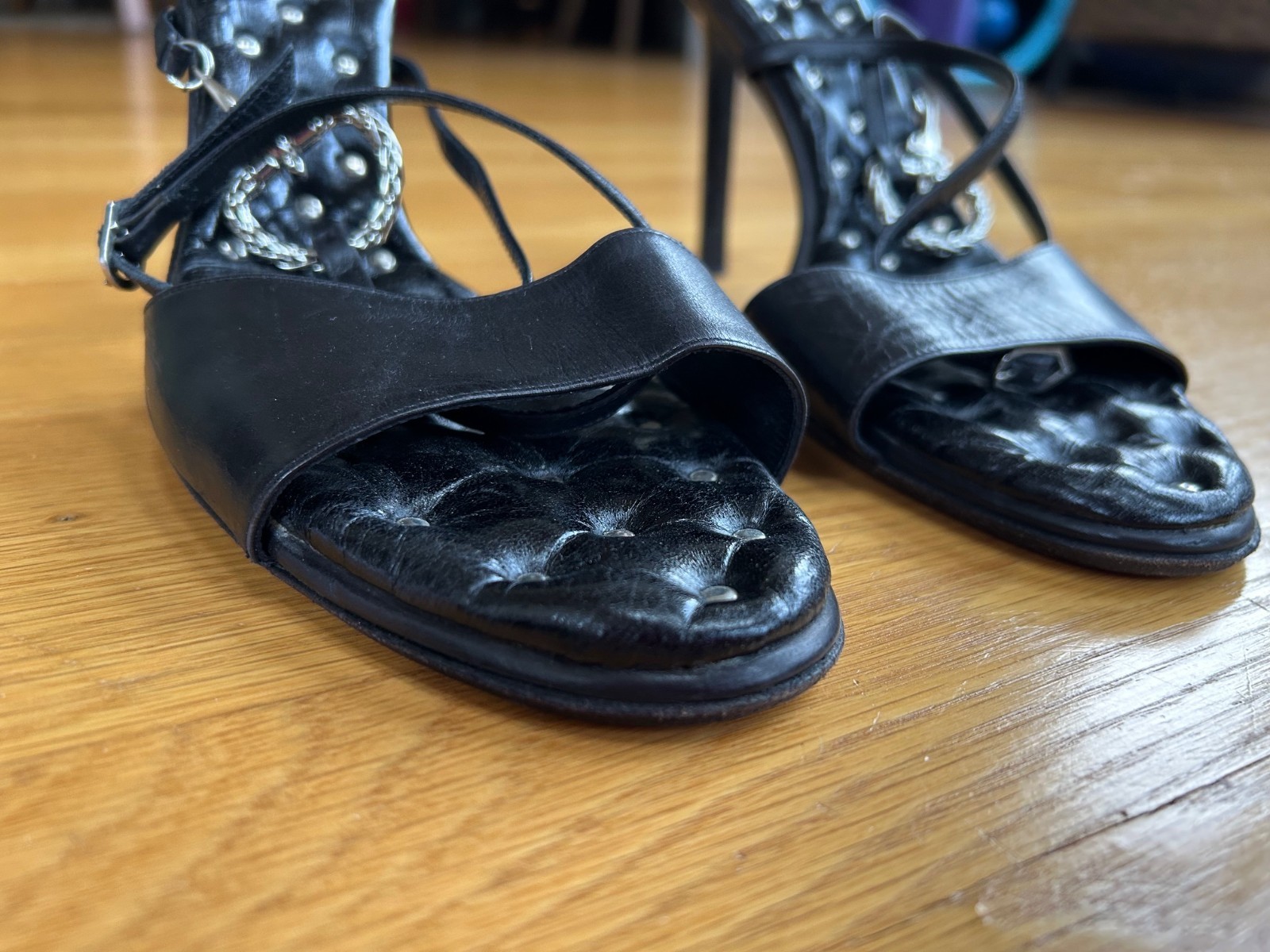 CESARE PACIOTTI Black Leather Sandals with Dagger &Sword Logo Size 10 IT 40 Good