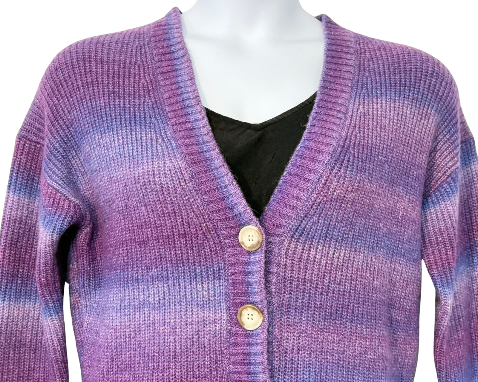 Loft Sz M V-Neck Cardigan Button Front Purple Ombre Stripe Rib Knit Wool Blend