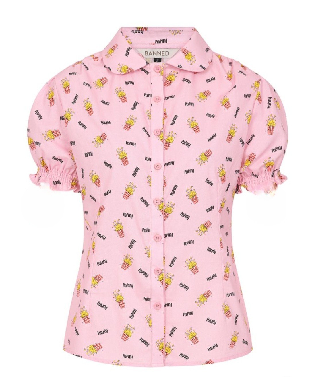 BANNED Apparel Pink Popcorn Womens Blouse. Size M/12. Retro, 1950s, Kitsch. BNWT
