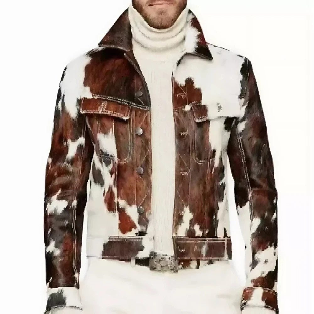 Men’s Western Cowhide Leather Jacket Real Hair-On Pony Skin Stylish Trucker Coat