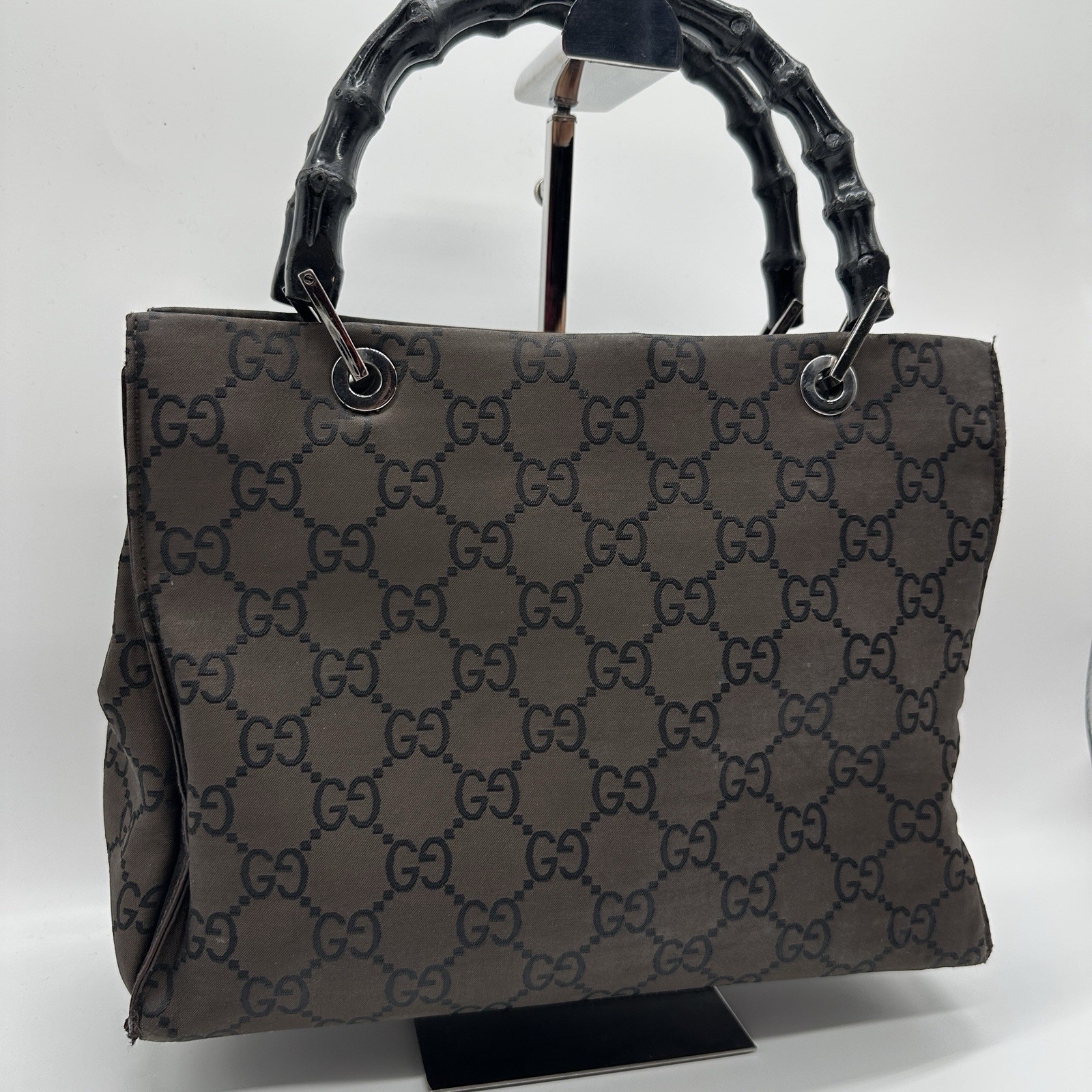 Gucci Handbag Bamboo GG Nylon Dark Brown Purse Double Handle Authentic