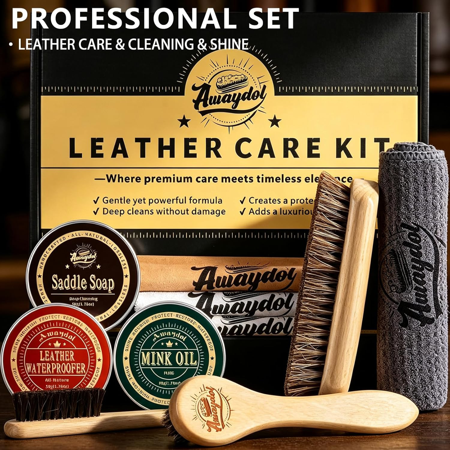 11 PCS Leather Care Kit – Horsehair Brushes,Saddle Soap,Waterproofing Wax,Mink O