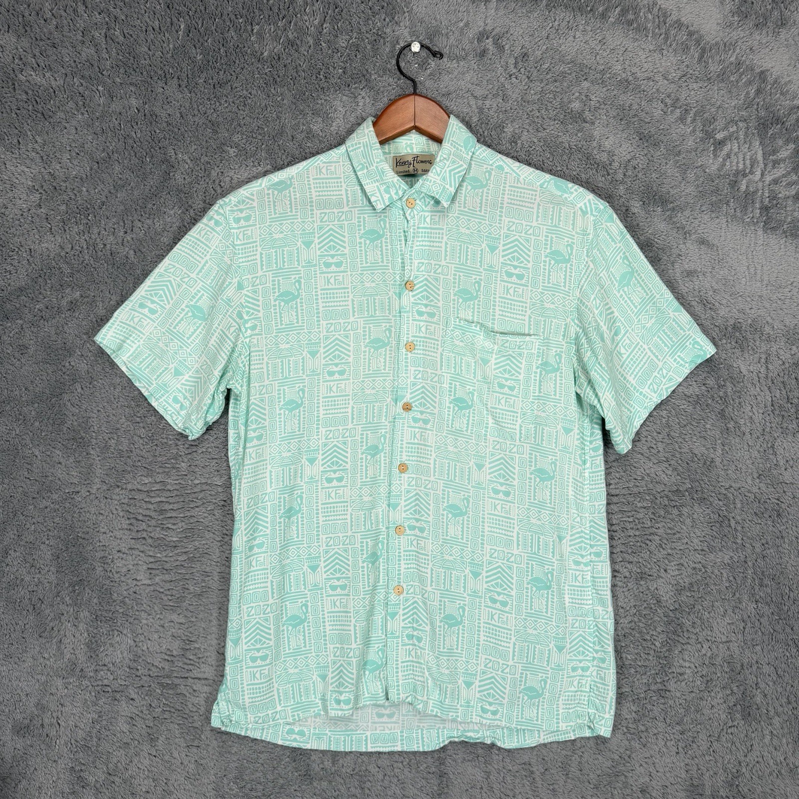 Kenny Flowers Shirt Mens M Teal 100% Rayon Tropical Hawaiian Limited Edition