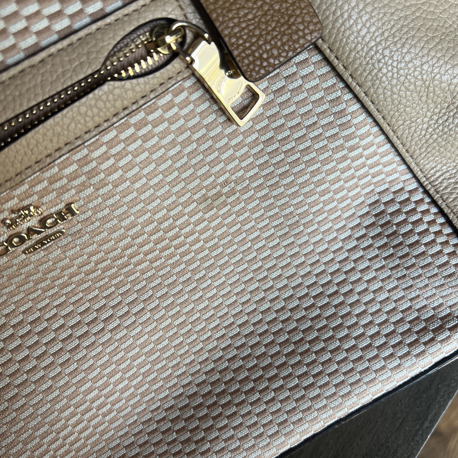 COACH Pairie Satchel in Pebble Leather and Checkerboad Fabric Neautral