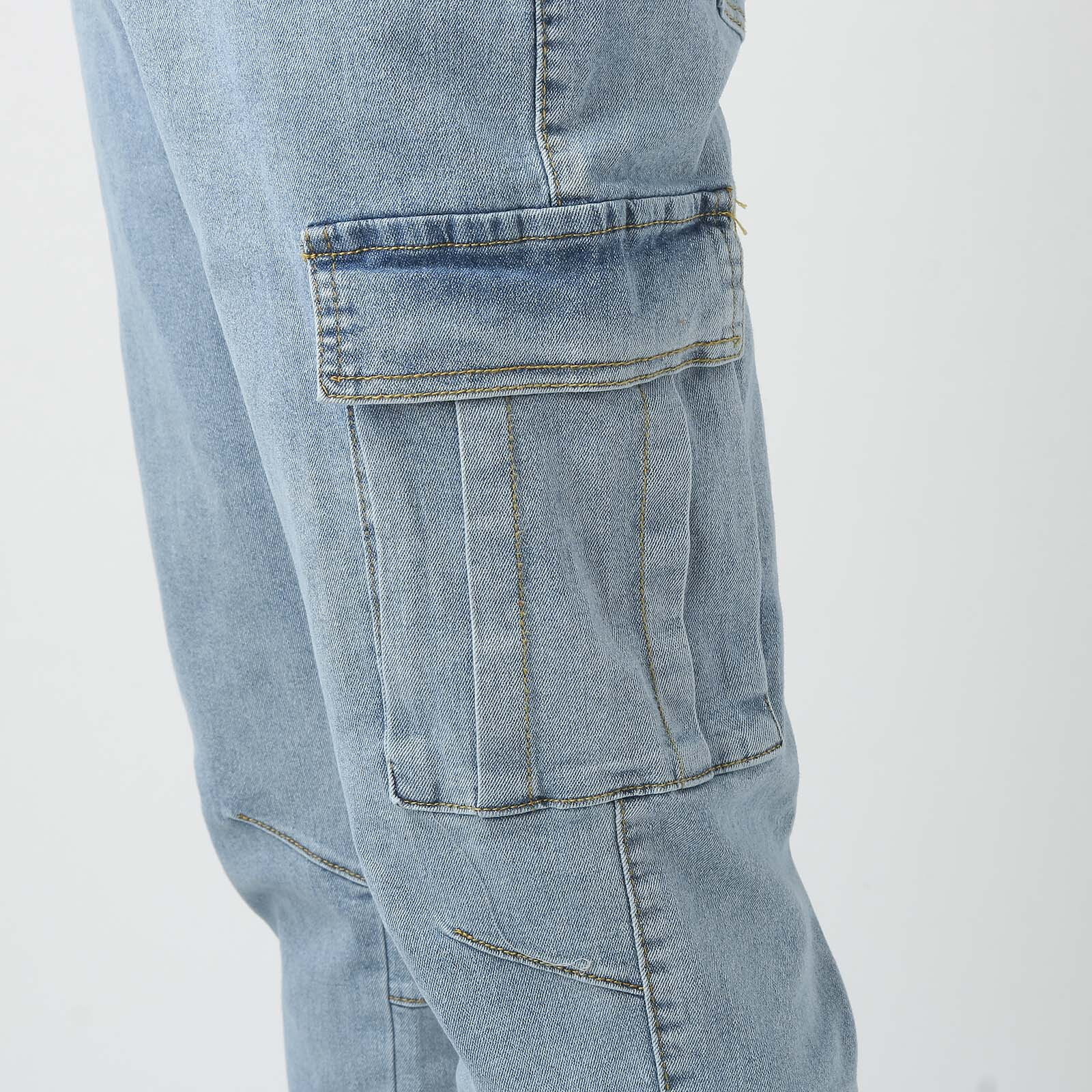 Large SIze Mens Soild Straight Hole Buckle Zipper Middle Waist Denim Long Pants