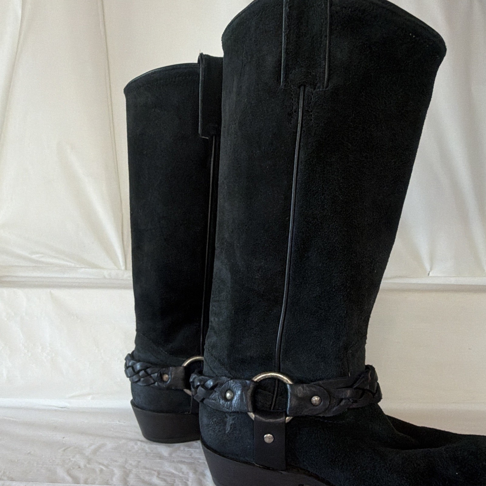 Frye Black Suede Mid-Calf Riding Boots Pull On Almond Toe Braided Buckle 8.5