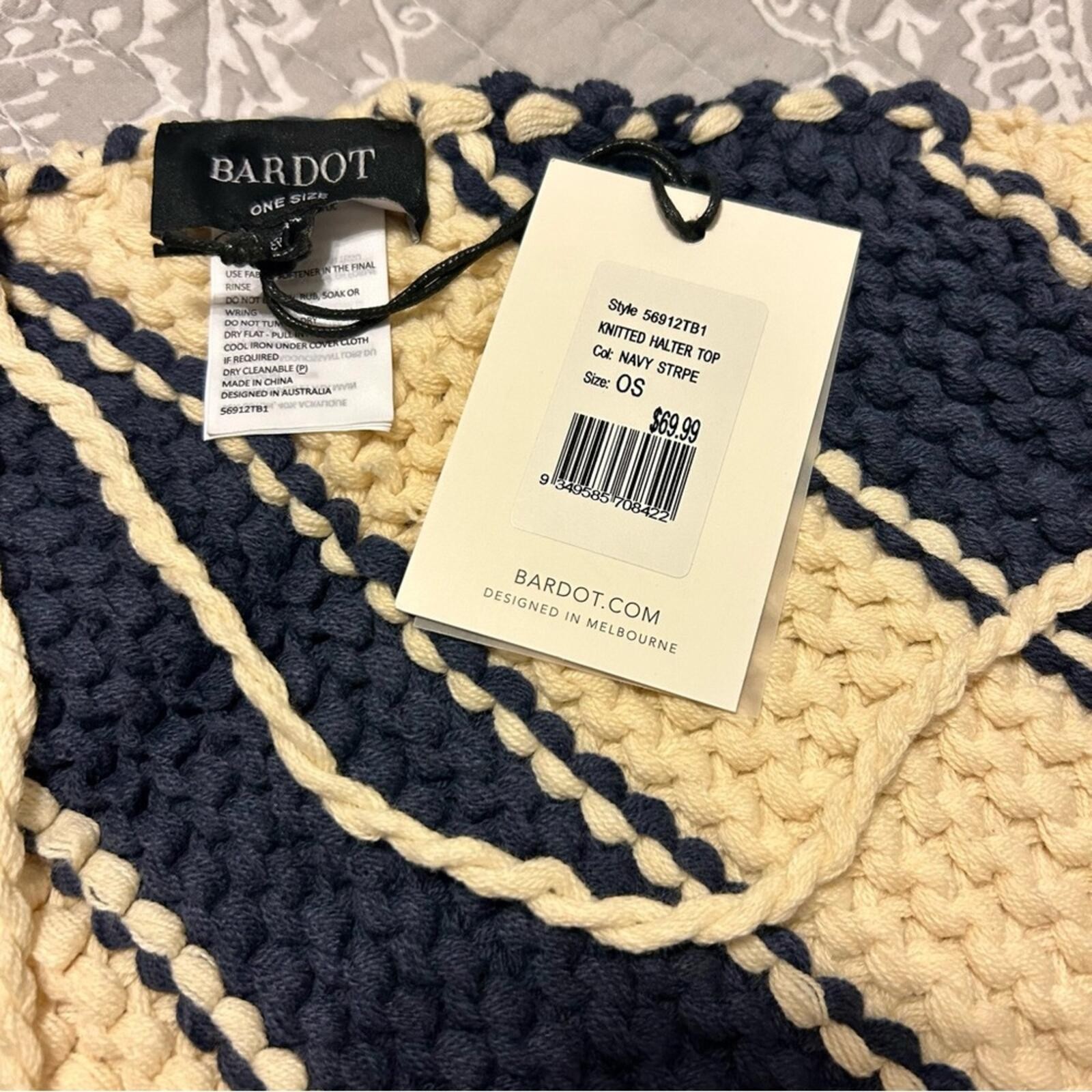Brand New Bardot Navy Blue & Beige Chunky Striped Knit Backless Halter Top