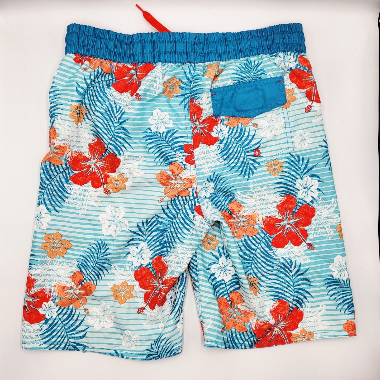 Laguna Blue Red & Orange Tropical Hibiscus Flower Board Shorts Youth Size L Surf