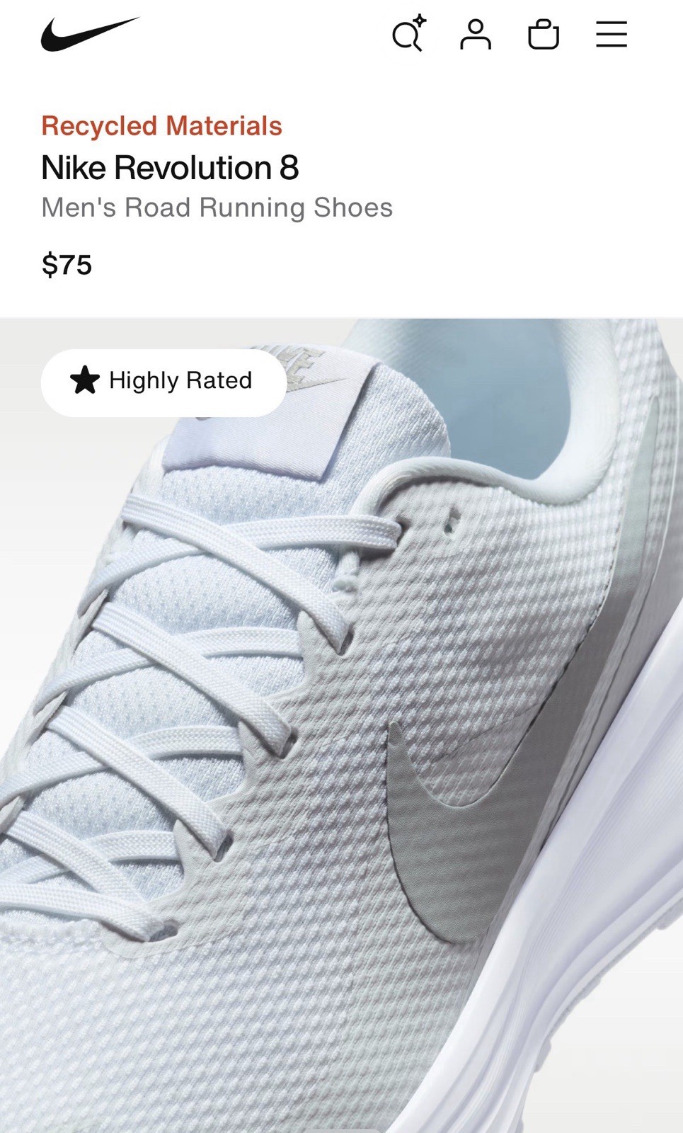 Nike Revolution 8 Men’s Low Top Road Running Lace-Up Sneakers White Size 12