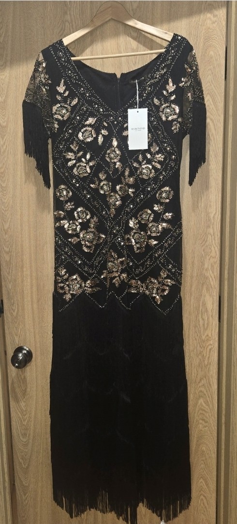BABEYOND Black/Gold Sequin Fringe Maxi Dress V-Neck Full Zip XL