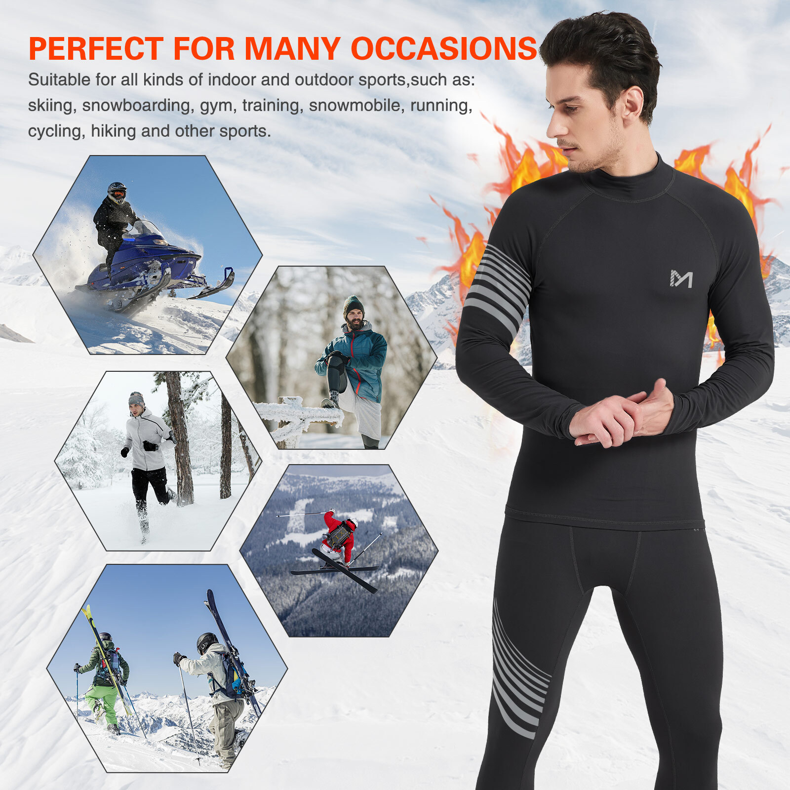 Mens Fleece Lined Thermal Long Johns Top Bottom Underwear Set Winter Turtleneck