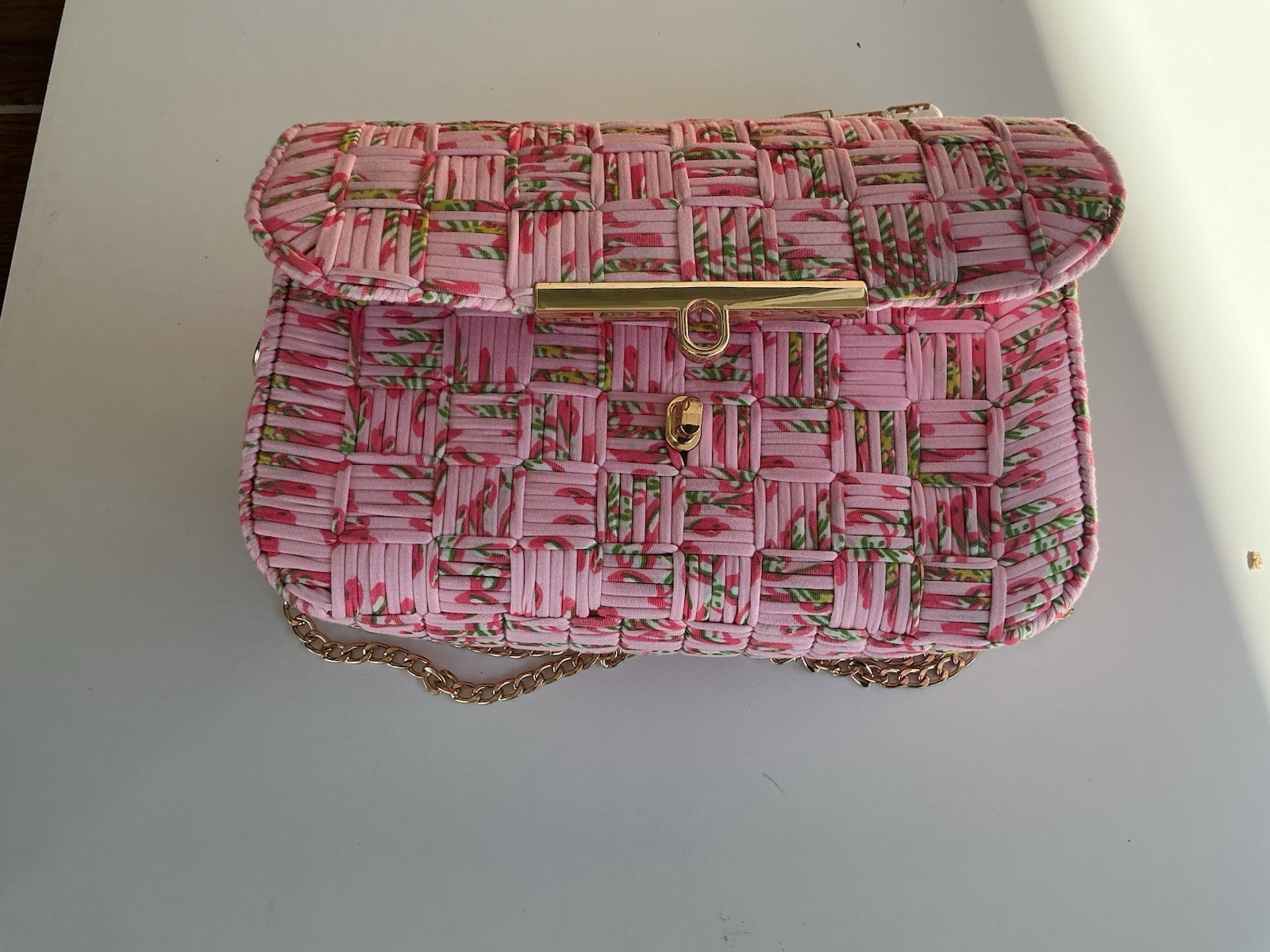 Pink Small Rectangle Shoulder Bag Turn Lock Gold Hardware Chain Strap Colorful