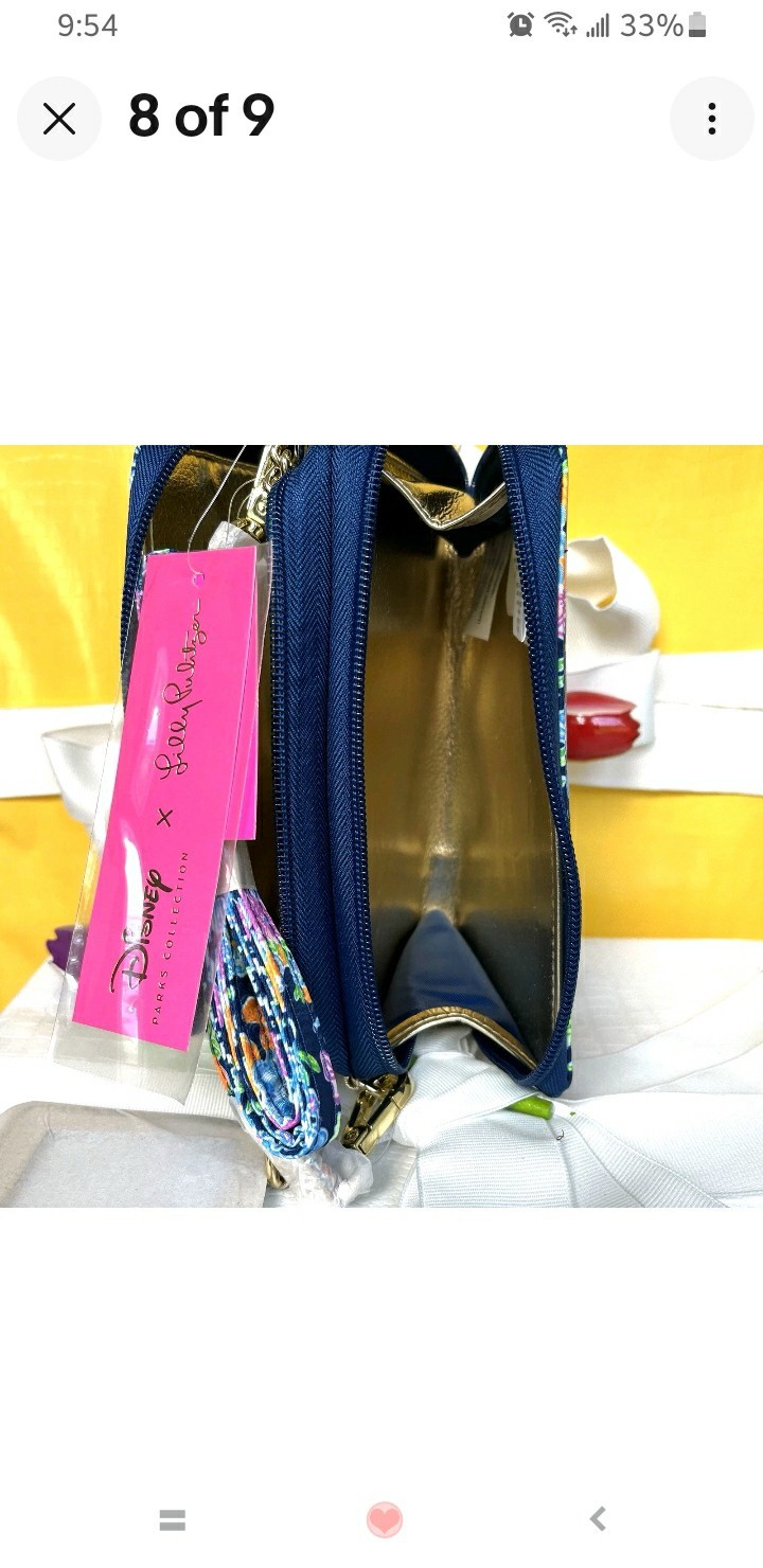 Disney x Lilly Pulitzer Mickey Floral Zip Wristlet Wallet Blue Chain ID Window