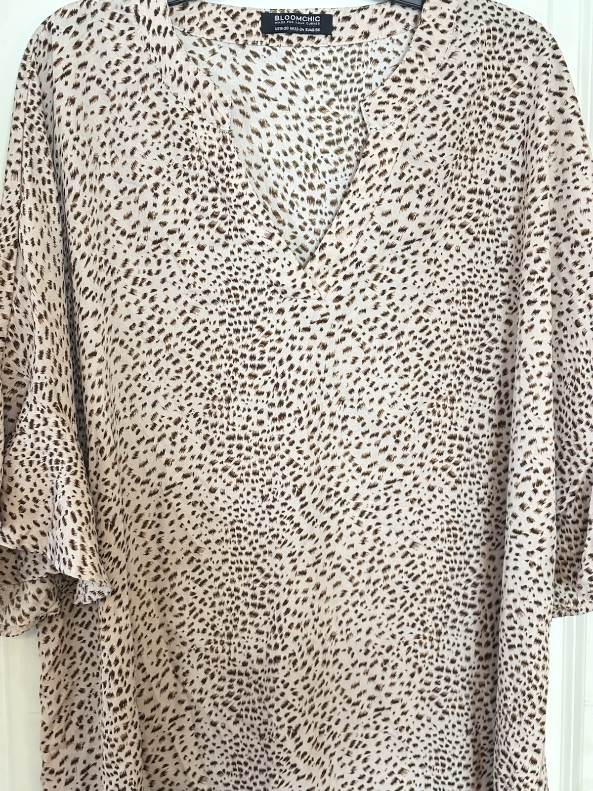 Bloomchic 18-20 Brown Tan Leopard Print V Neck Ruffle Sleeve Blouse Top Flowy