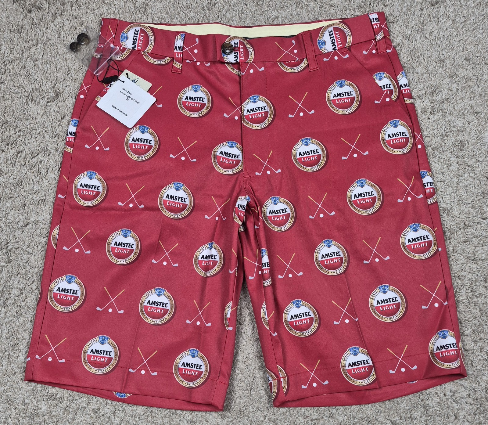 New Loudmouth Mens Performance Golf Shorts Size 32 Amstel Light Red 10″