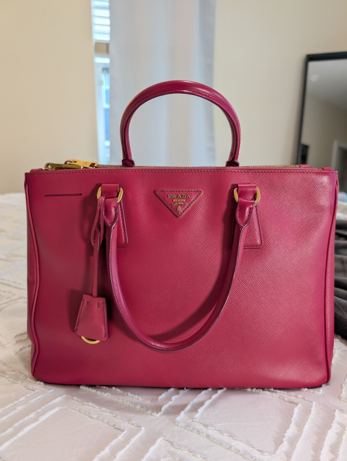 PRADA Pink Top Handle Satchel Gold Hardware Logo Key Holder Bottom Studs