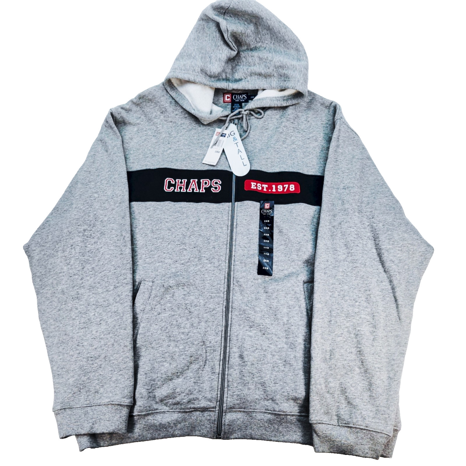 Chaps Fleece Full Zip Hoodie 2XL B Men’s Heather Grey Blue Red Vtg Big Tall NWT