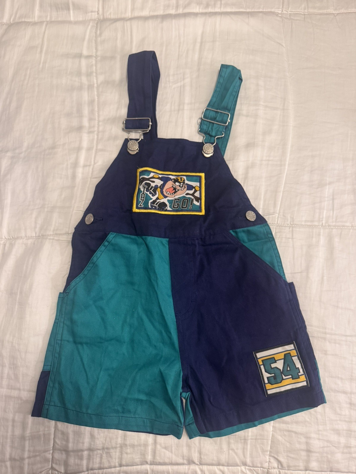 Vintage Looney Tunes Taz Baby Romper Jumpsuit Overalls Shorts Sz 4T Football 90s