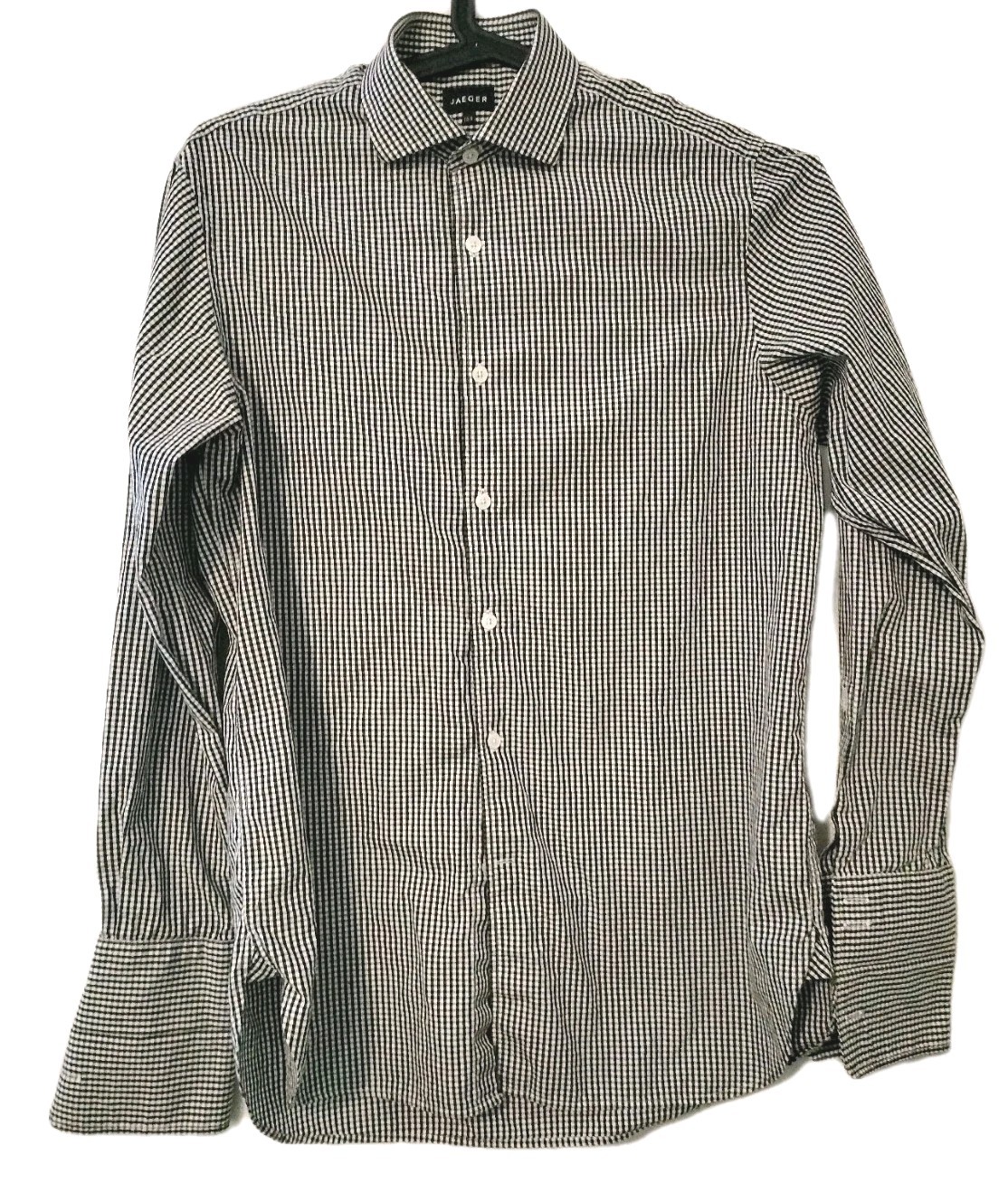 Jaeger Shirt Mens 15.5″ Black Gingham Check Long Sleeve French Cuff Regular Fit