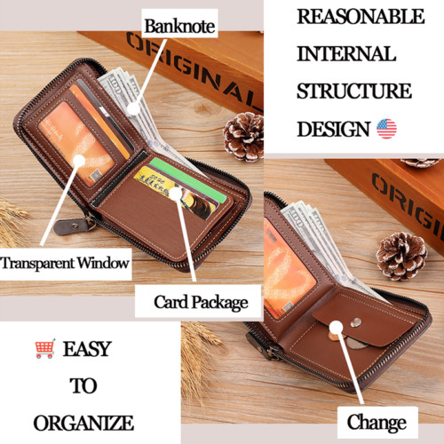 Mens RFID Blocking Leather Wallet Credit Card ID Holder Zipper Purse Waterproof