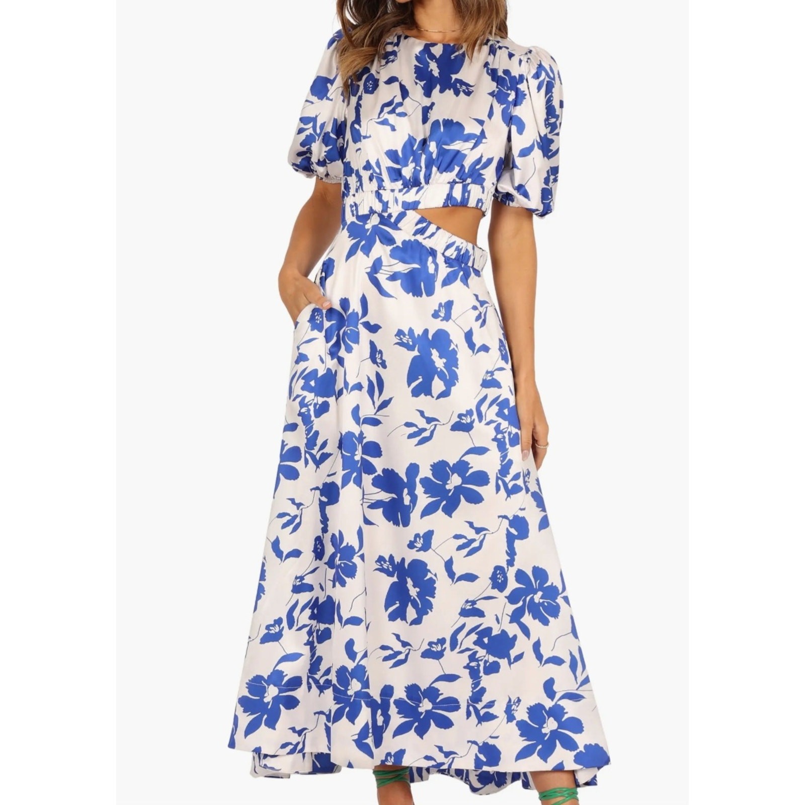 Petal + Pup Aminah Puff Sleeve Maxi Dress size XS white blue floral pockets, New
