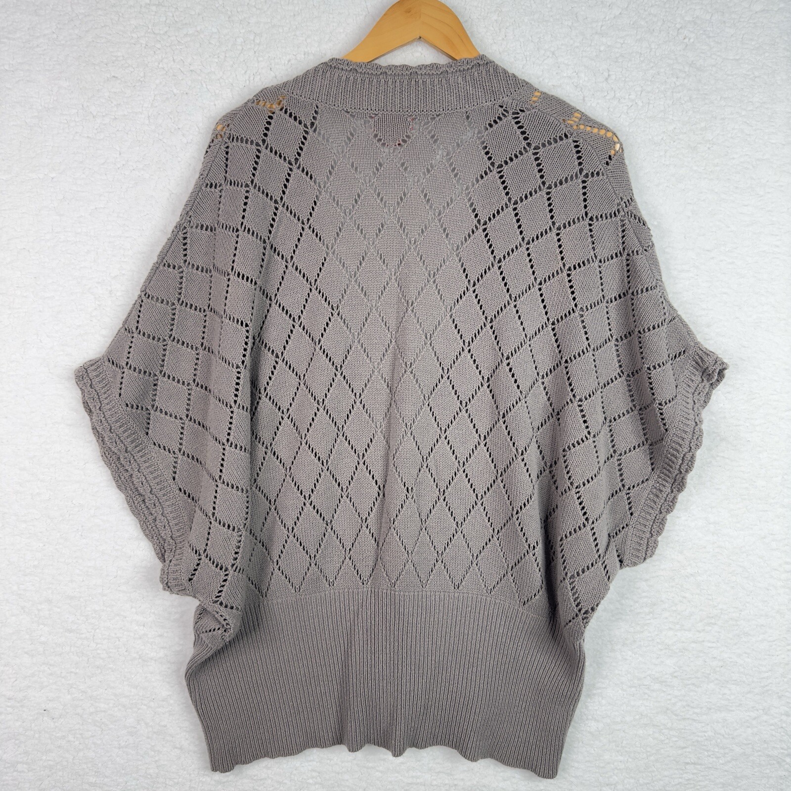 ELLE Gray Open Knit Cardigan Argyle Dolman Oversized Boho Cozy Sweater XL