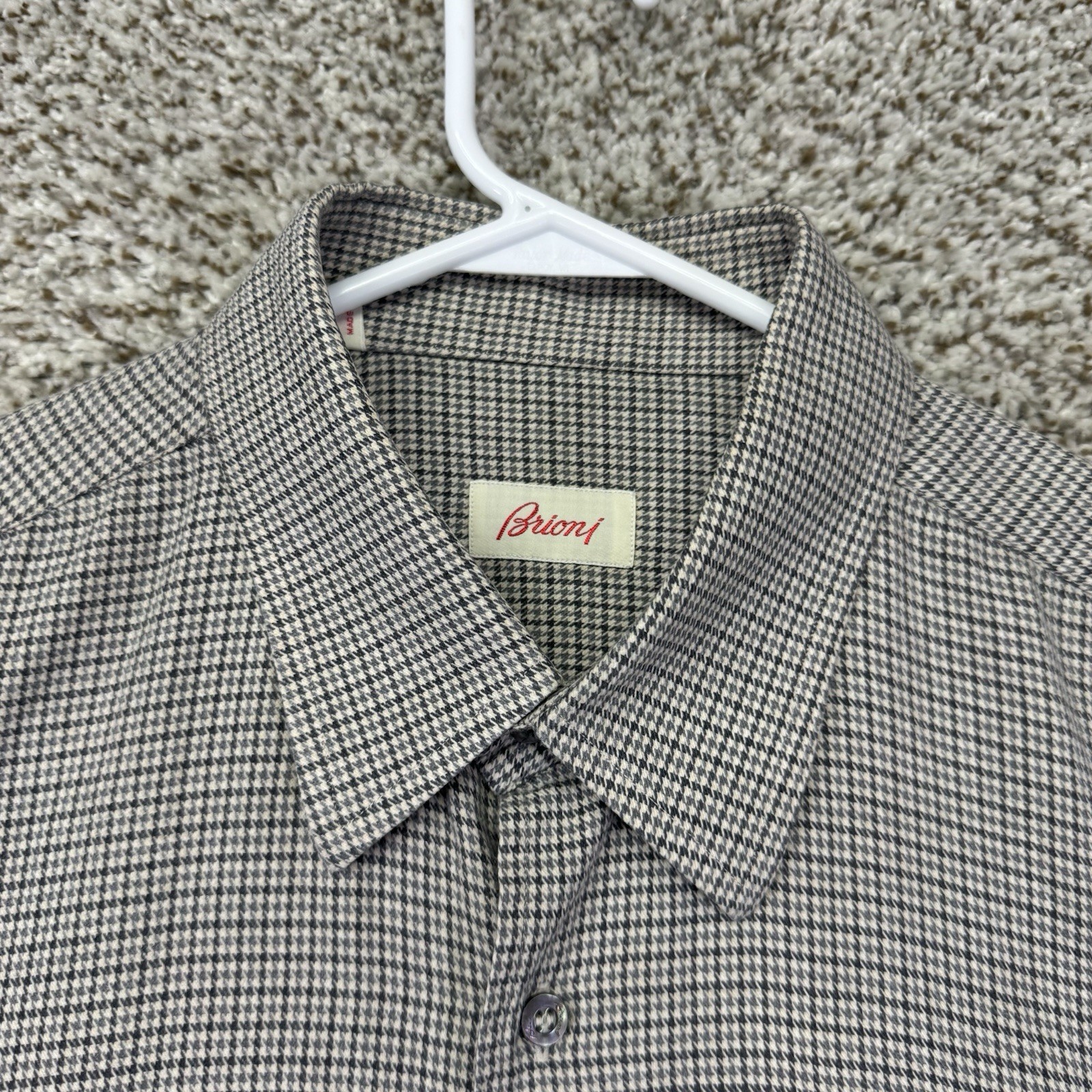Brioni Shirt Men’s Size XL Long Sleeve Button Up Gray Houndstooth Made In Italy