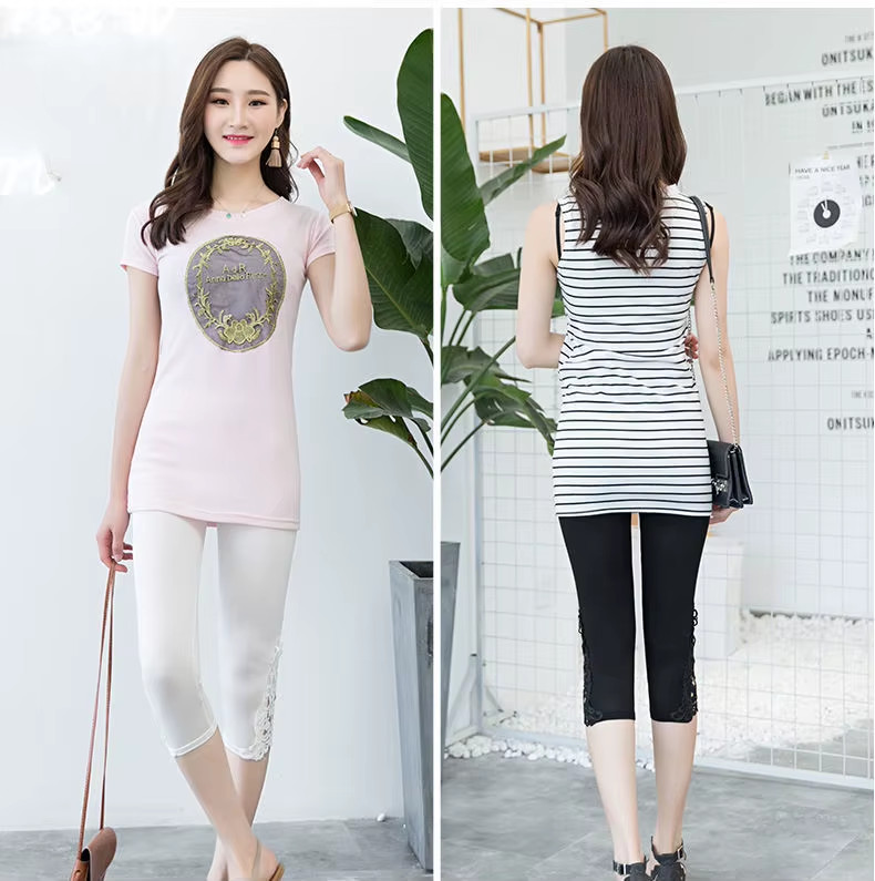 Women’s High-Waist Lace Stretch Capri Leggings – Knee-Length Sports & Fitness Pa