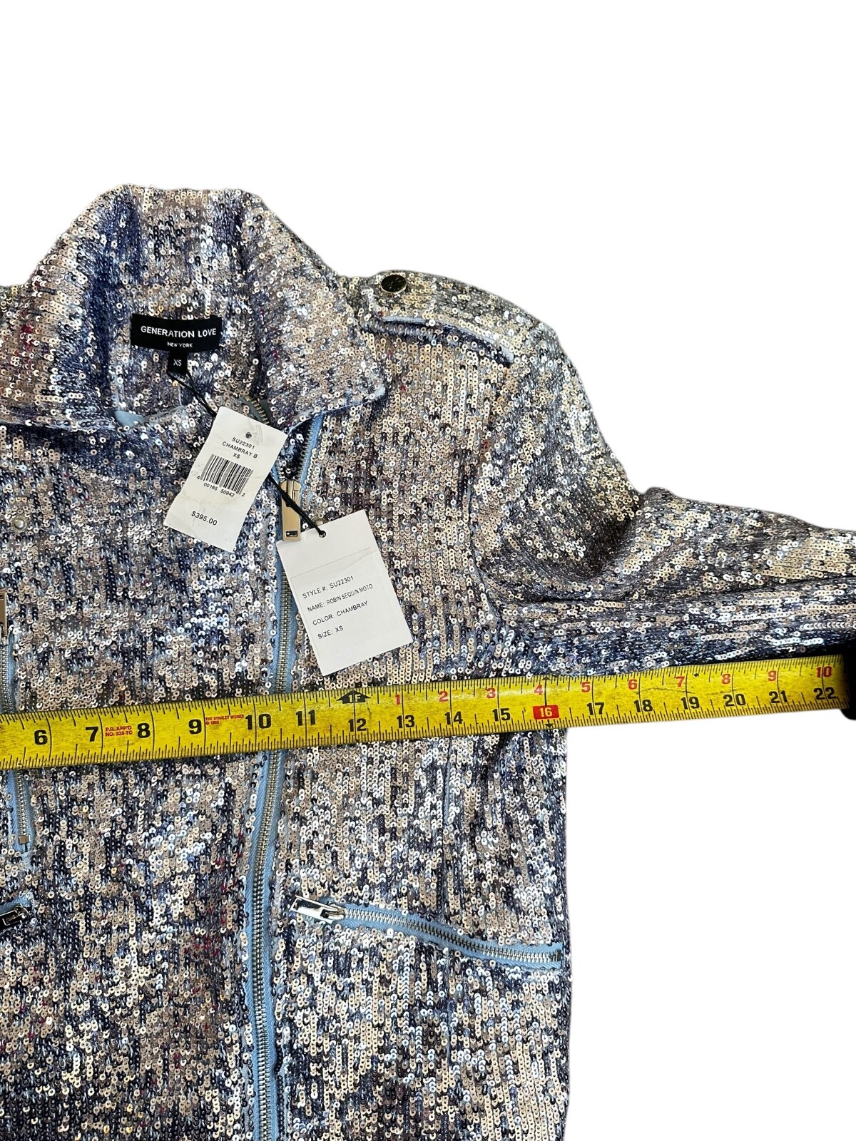 Generation Love Robin Sequin Moto Jacket Long Sleeves Cropped Silver Blue Sz XS