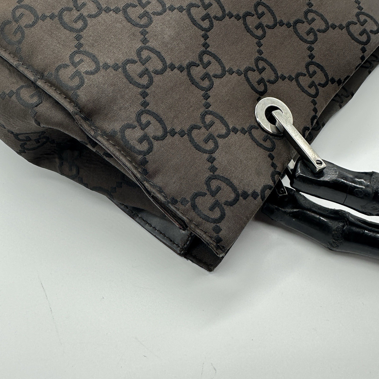 Gucci Handbag Bamboo GG Nylon Dark Brown Purse Double Handle Authentic
