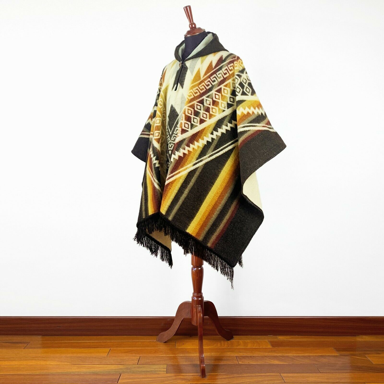 Alpaca wool Hooded Poncho Unisex Aztec pattern all seasons boho hippie XXL BROWN