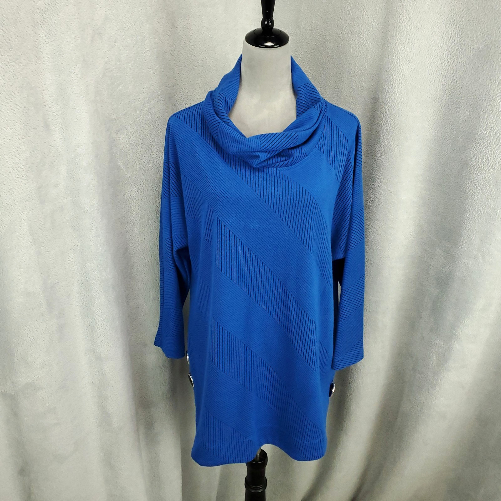 Ali Miles Sweater Womens Large Blue Striped Button Accent Cowl Neck Tunic Top