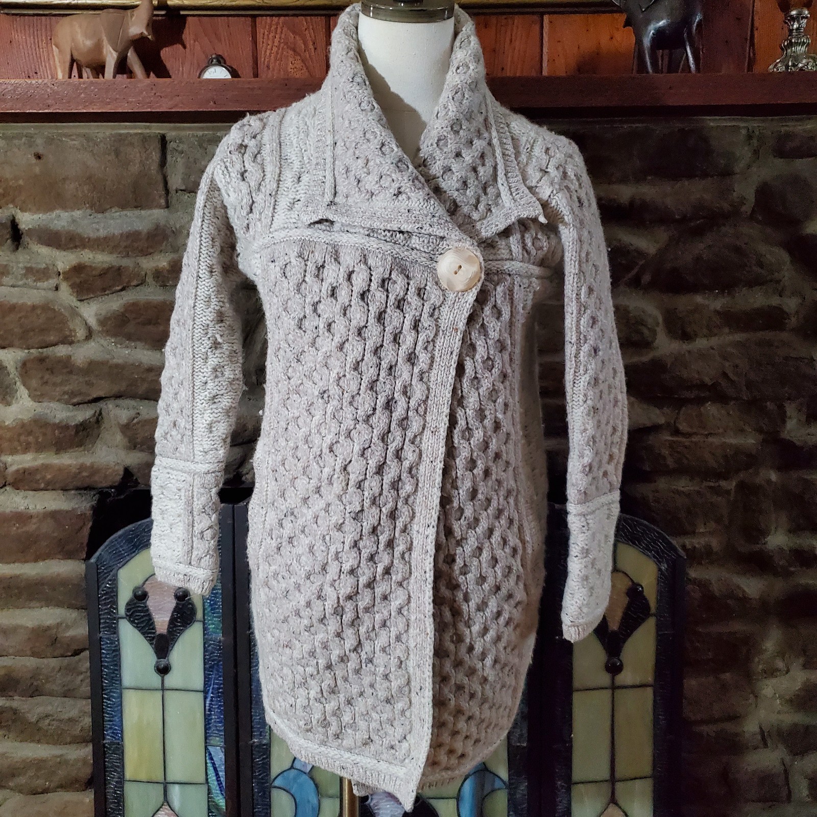 Aran Crafts Ireland Merino Wool Cable Knit Sweater Coat Single Button Womens S