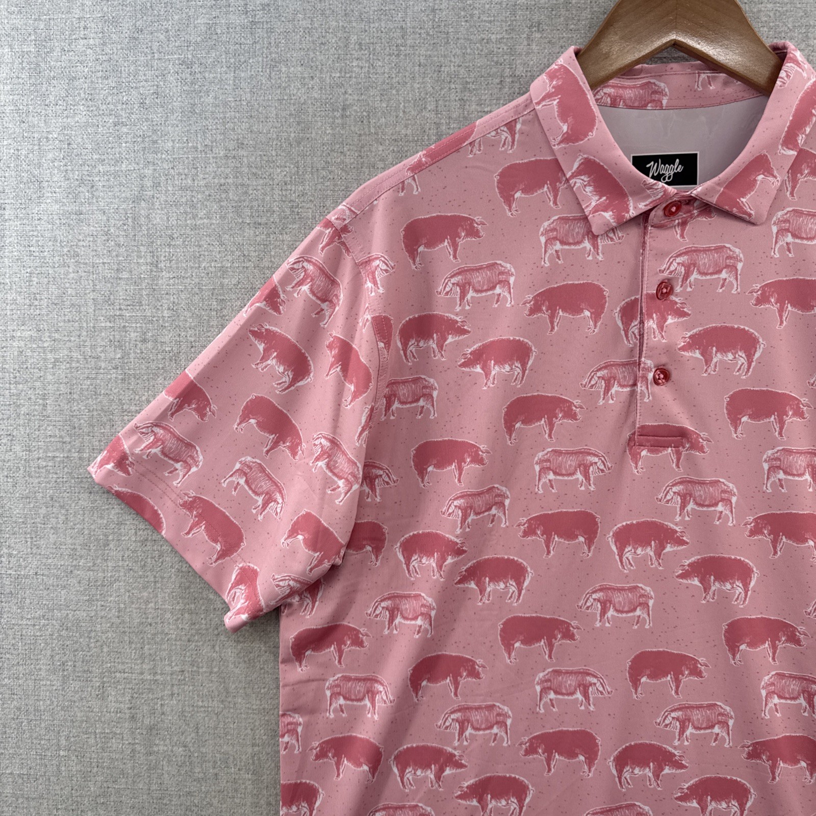 Waggle Polo Shirt Mens Large Pink Hog Heaven Pigs Golf Stretch Outdoor NWI