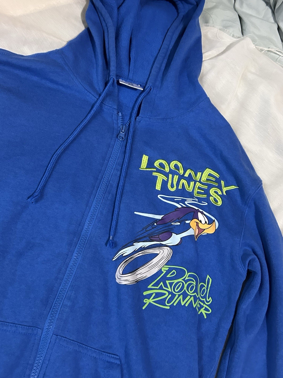 Looney Tunes Road Runner Wile E. Coyote Zip Up Jacket Sz XS Graphic Y2K Vtg Blue