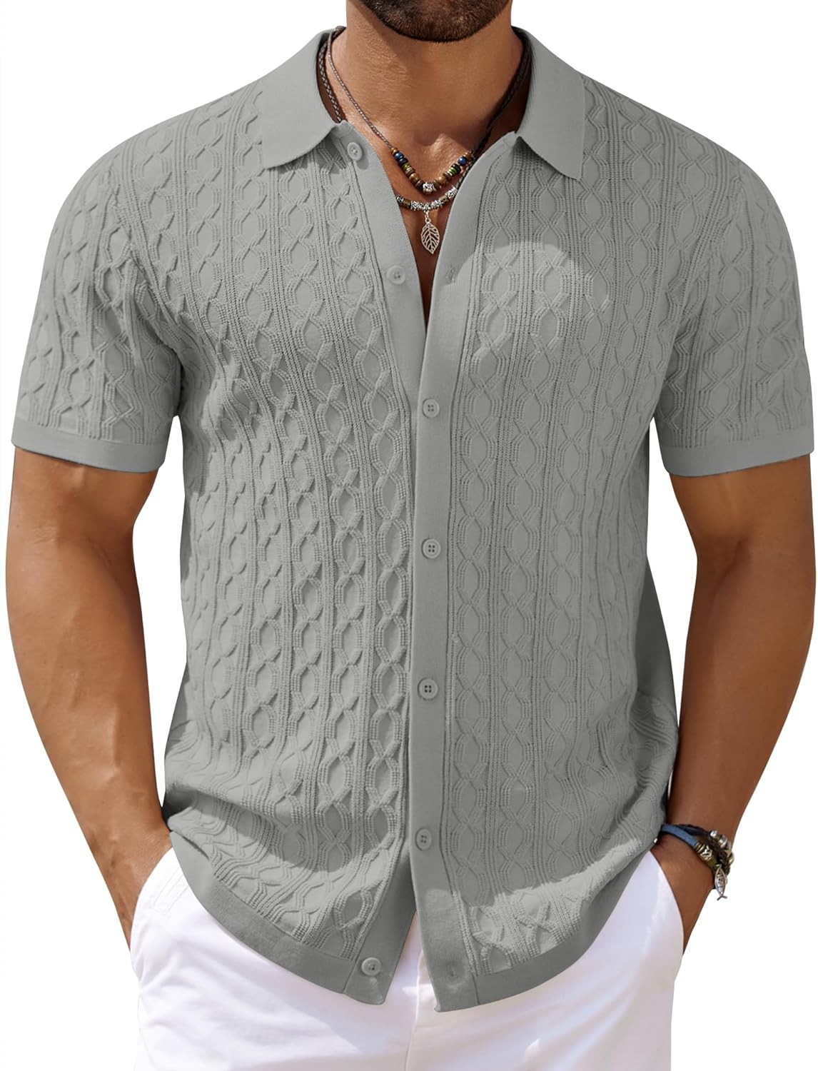 Men’s Knit Short Sleeve Shirts Button Down Vintage Knitted Polo Shirt