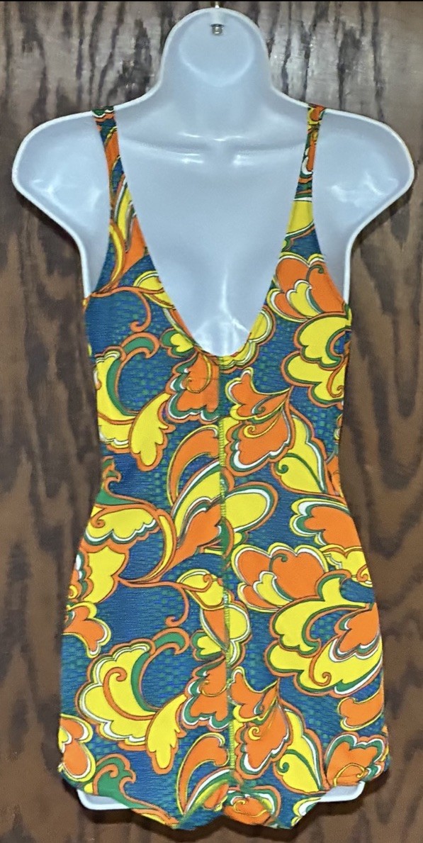 Vintage 1960’s Dolfin Corp. Bathing Suit Swimsuit Romper Mod Paisley Swirl SZ S