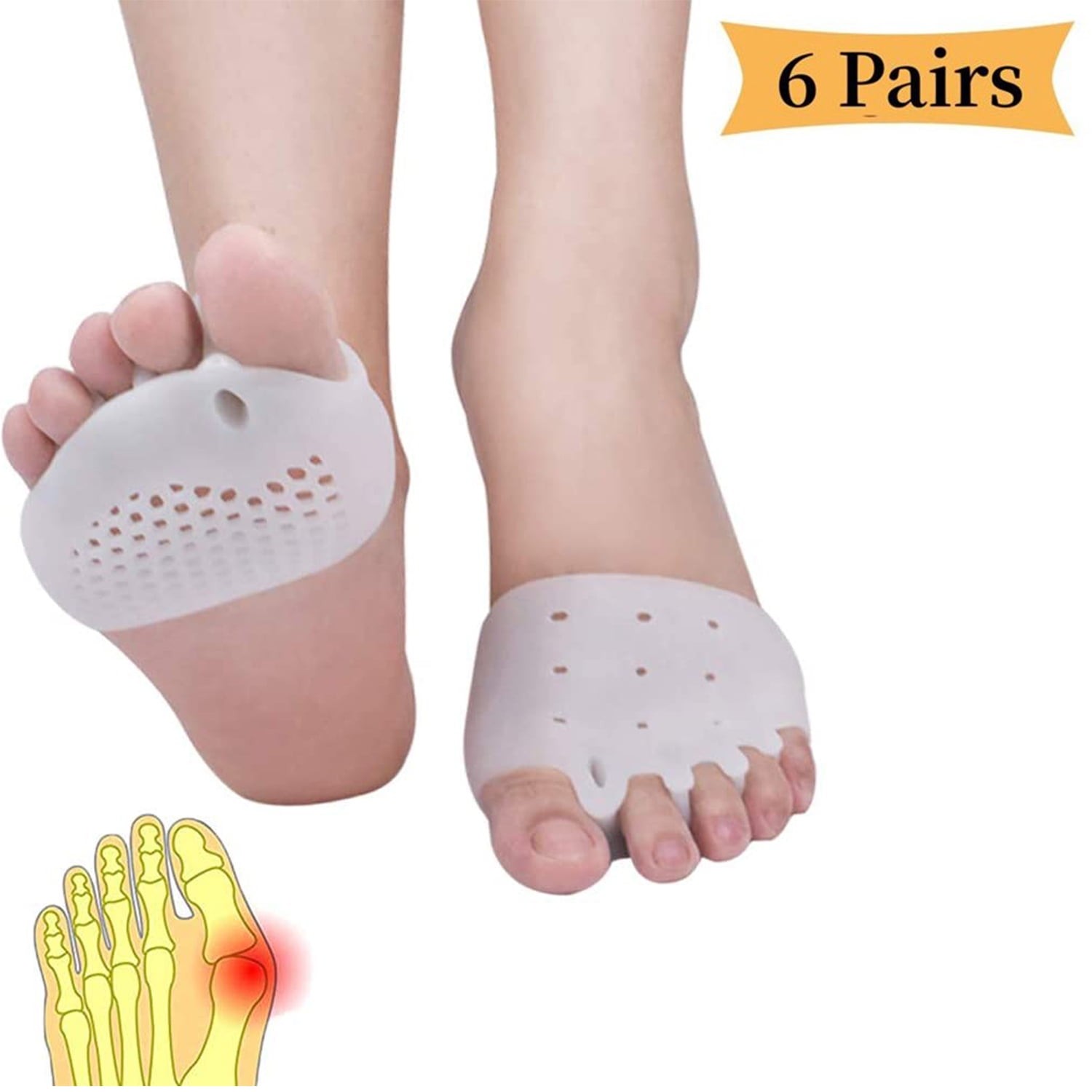 6 Pairs Metatarsal Pads Ball of Foot Cushions Reusable Gel Foot Pads for Heels