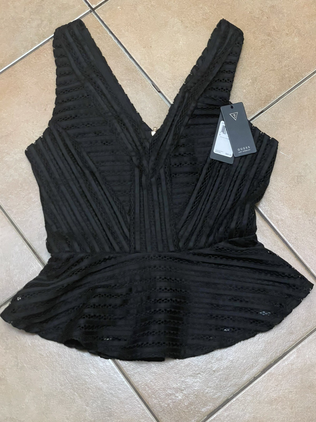 New GUESS Black Mesh Peplum Sleeveless Top V-Neck Zip Accent Size S with tags