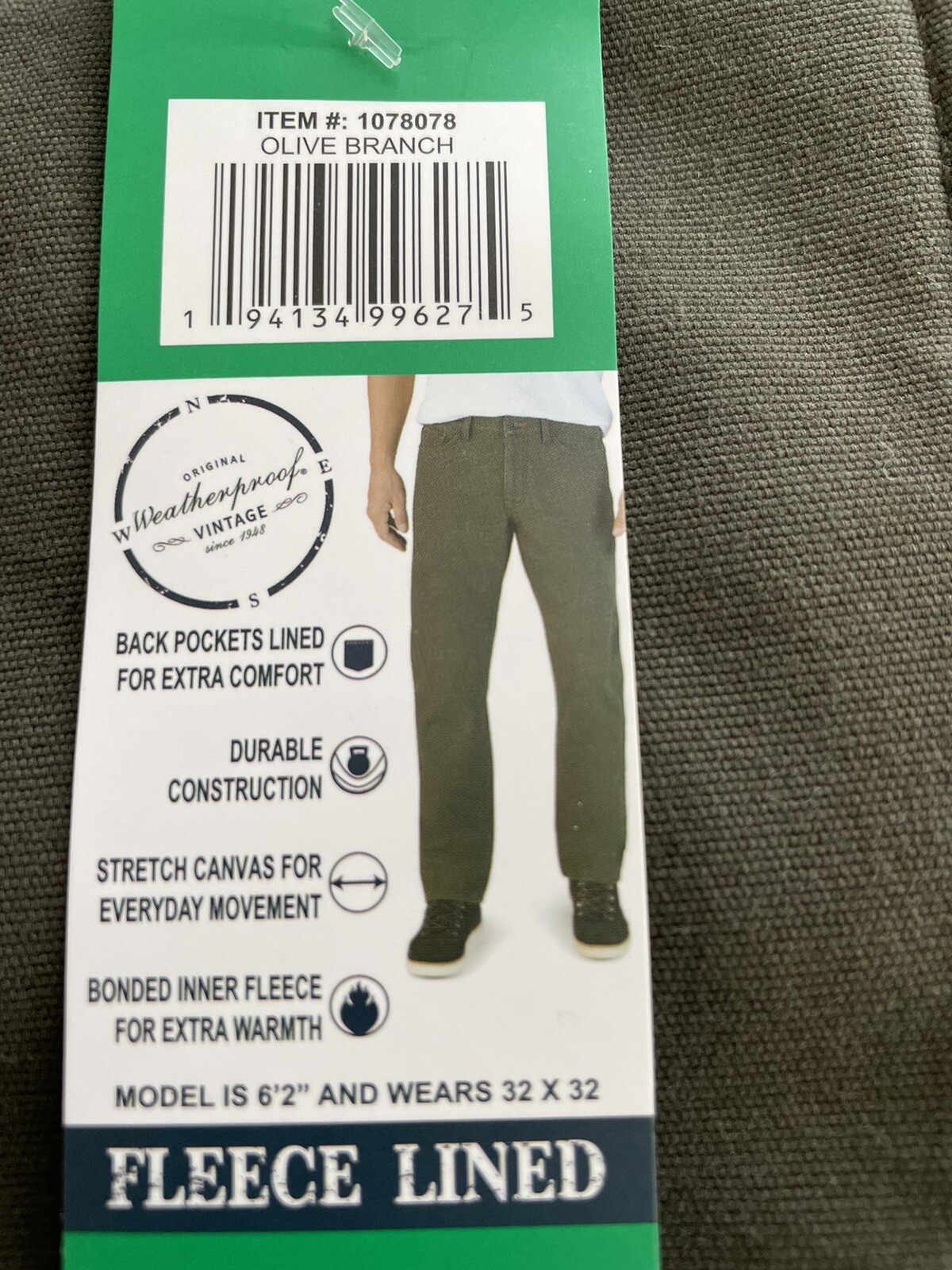 New Weatherproof Vintage Fleece Lined Stretch Canvas Style Olive Green W38L30