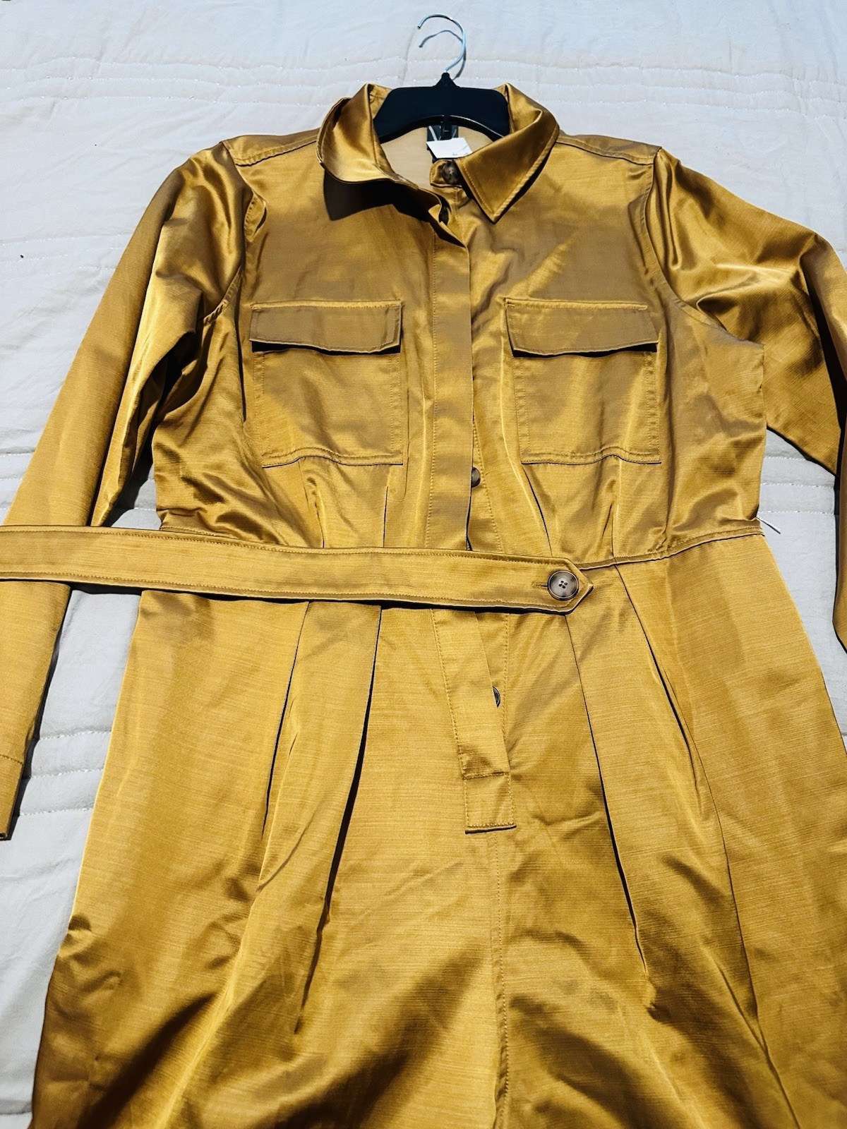 Worthington Gold Satin Long-Sleeve Jumpsuit Size L New With Tags Button Front