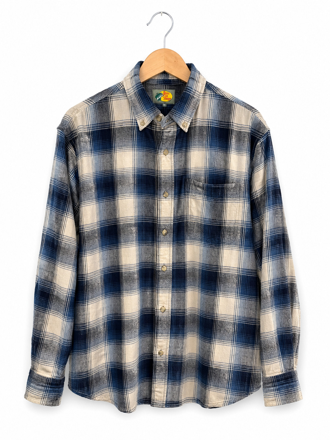 Bass Pro Shops Flannel Shirt Mens Large Blue Plaid Button Up Long Sleeve Cotton