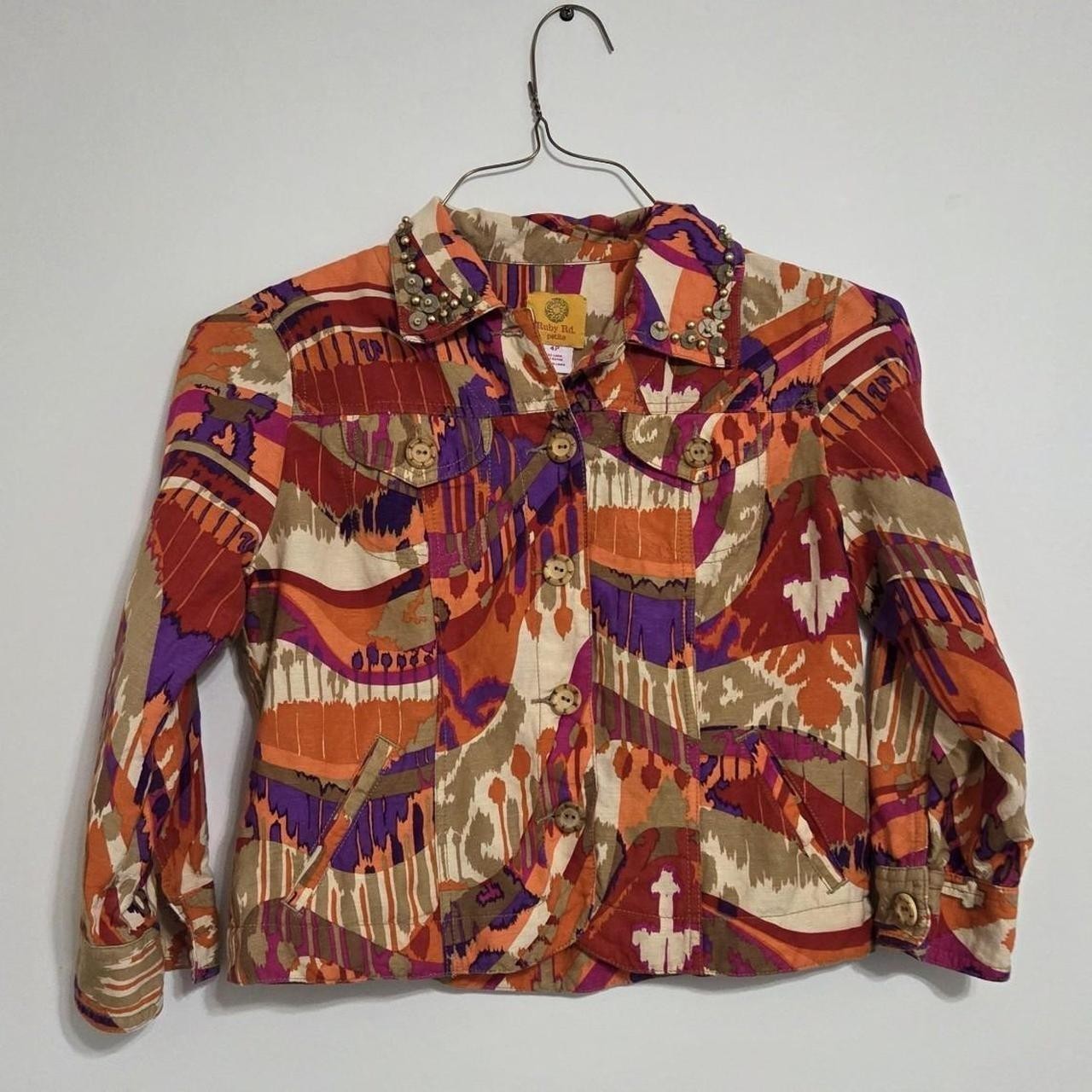 Ruby Rd. Multicolor Abstract Design Button-Up Long Sleeve Shirt Bead Accents 4P